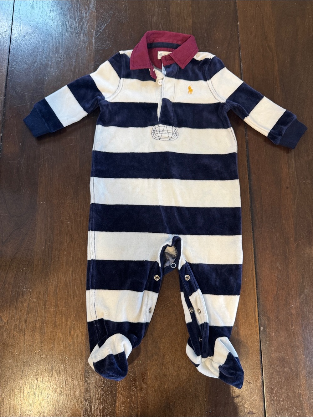 Polo by Ralph Lauren Navy & White Striped Footed One-Piece with Red Collar